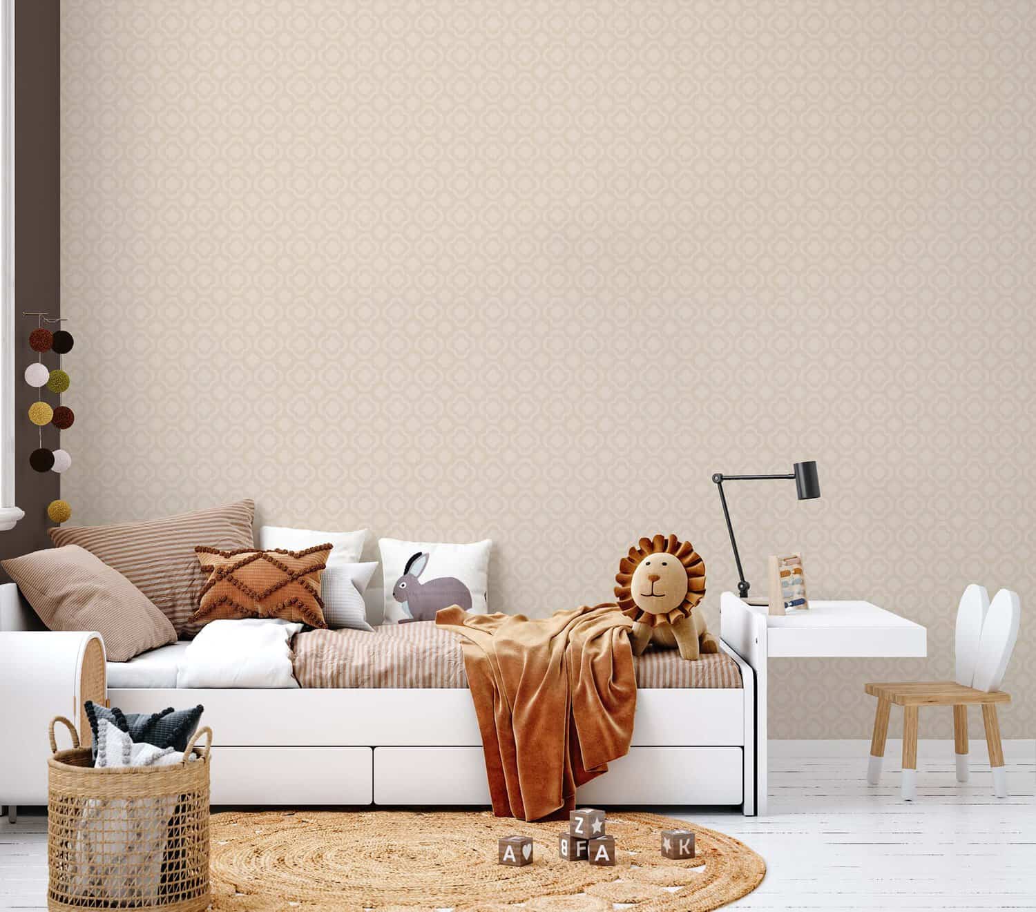 Behang, kinderbehang met subtiele patroon in beige tint.