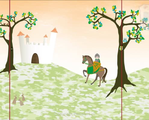 Kleurrijk kinderbehang met kastelen, bomen en ridders.