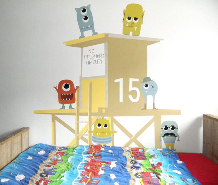 Monster-muurstickers-kinderkamer 2 Behang, kinderbehang met cartoon monsters en strandwachttoren.