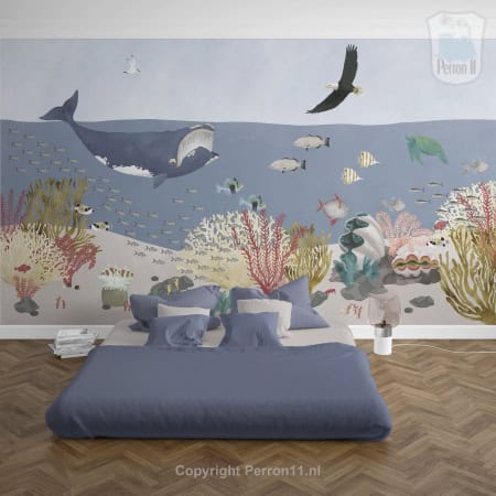 Behang, kinderbehang met onderwaterwereld en zeedieren.