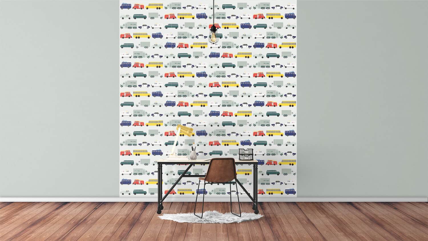 Behang met kleurrijke vrachtwagens, kinderbehang voor de kinderkamer.