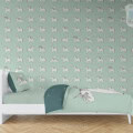 Behang, kinderbehang met een eenhoorn en sterren in mintgroen en wit.