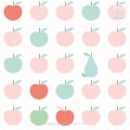 Kinderbehang met fruitmotief, appels en peren in pastelkleuren.
