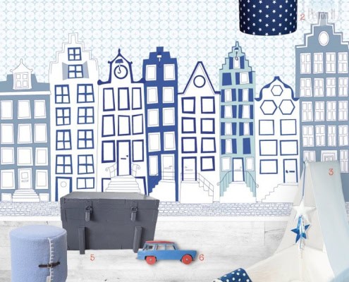 Kinderbehang met blauw en wit stadsgezicht, behang, kinderbehang.