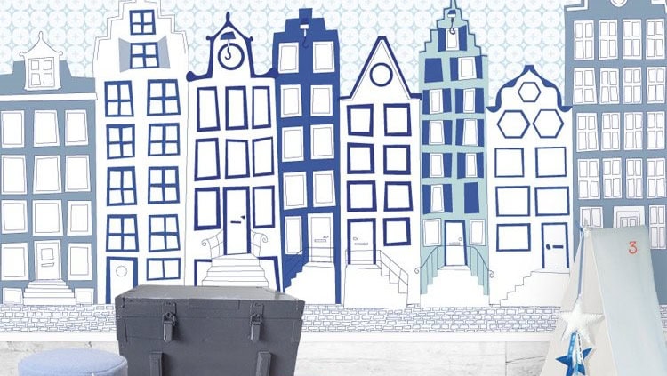 Kinderbehang met blauw en wit stadsgezicht, behang, kinderbehang.