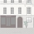 Gezellig stadsgezicht met apotheek en gevels behang, kinderbehang.