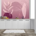 Behang met abstracte bladeren, kinderbehang, roze tinten.