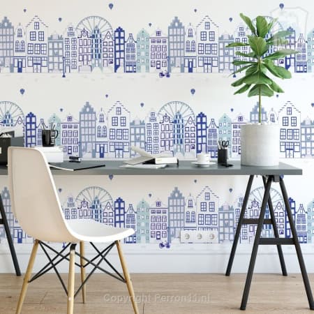 Behang met Amsterdamse grachten en Westertoren, kinderbehang.