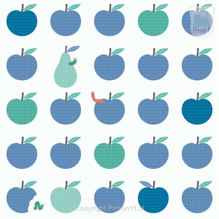 Behang, kinderbehang met appels, peren en rupsjes in blauw en groen.