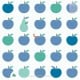 Behang, kinderbehang met appels, peren en rupsjes in blauw en groen.