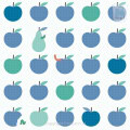 Behang met blauwe en groene appeltjes en kleine diertjes, kinderbehang.