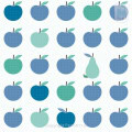 Kinderbehang met blauwe en groene appeltjes en een eendje.