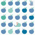 Kinderbehang met blauwe en groene appels en een eend.