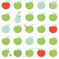 Kinderbehang met groene en rode appels, dieren en een slak.