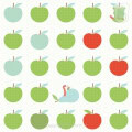 Kinderbehang met groene en rode appels en een eend.