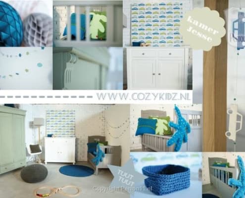 Behang en kinderbehang met blauwe en groene details, geschikt voor kinderkamers.