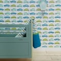 Behang, kinderbehang met auto's in blauw en groen.
