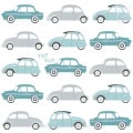 Kinderbehang met vintage autootjes in blauw en grijs.