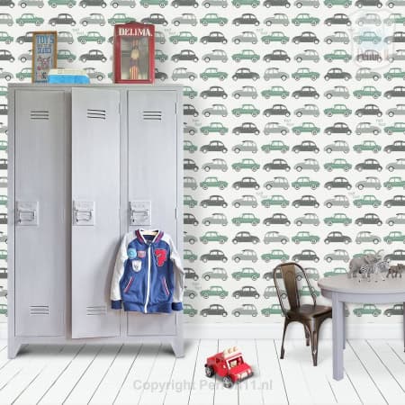 Behang, kinderbehang met auto's in groen, zwart en wit.