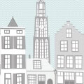 Behang, kinderbehang met stadsgezicht en toren.