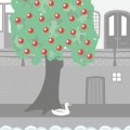 Behang met grote appelboom en zwanen, kinderbehang.