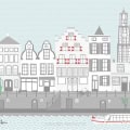 Behang, kinderbehang met stadsgezicht en rivier.