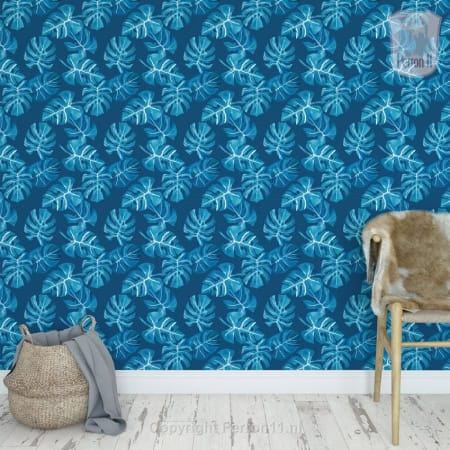 Behang met monstera bladeren, kinderbehang, blauw, tropisch ontwerp.