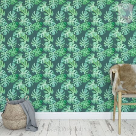 Behang met monstera bladeren, kinderbehang, groen tinten.