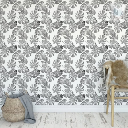 Behang met monstera bladeren, kinderbehang, zwart-wit design.