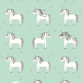 Behang, kinderbehang met witte unicorns en sterren op mintgroene achtergrond.