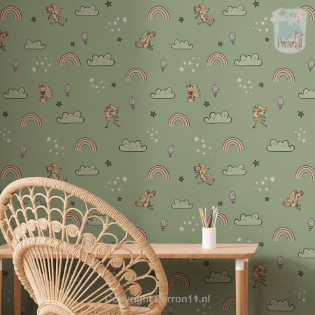 Behang, kinderbehang met unicorns, regenbogen en wolken in pastelkleuren.