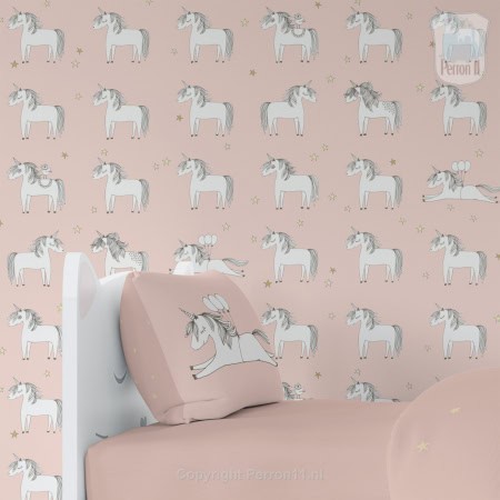 Behang met eenhoorns, kinderbehang, roze achtergrond.