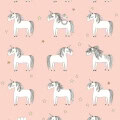 Behang, kinderbehang met witte unicorns op roze achtergrond.