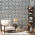 Behang, kinderbehang met Ginko patroon in blauw en beige tinten.