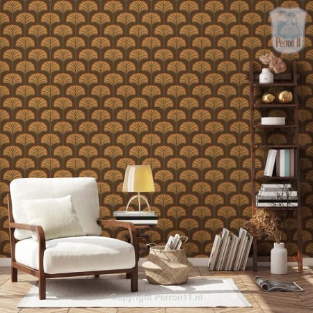 Behang, kinderbehang met gouden en bruin patroon.