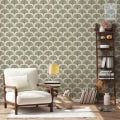Behang, kinderbehang met groen en beige patroon.