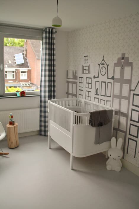 Kinderkamer met stadsgevel muurdecoratie Behang, kinderbehang met stadsgevels voor kinderkamer.