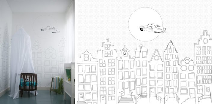 behang-grachtenpandjes-zwart-wit-Perron11 Behang met kinderbehang met auto's en huizen voor de kinderkamer.