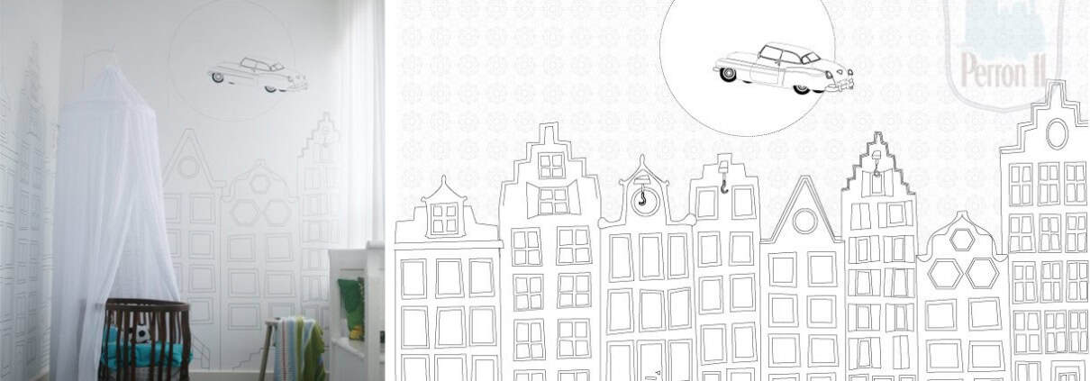 Behang met kinderbehang met stad en auto's, kinderkamer decoratie.