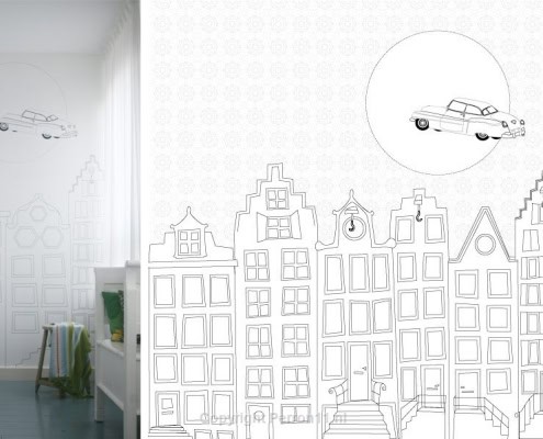 Behang met kinderbehang met stad en auto's, kinderkamer decoratie.