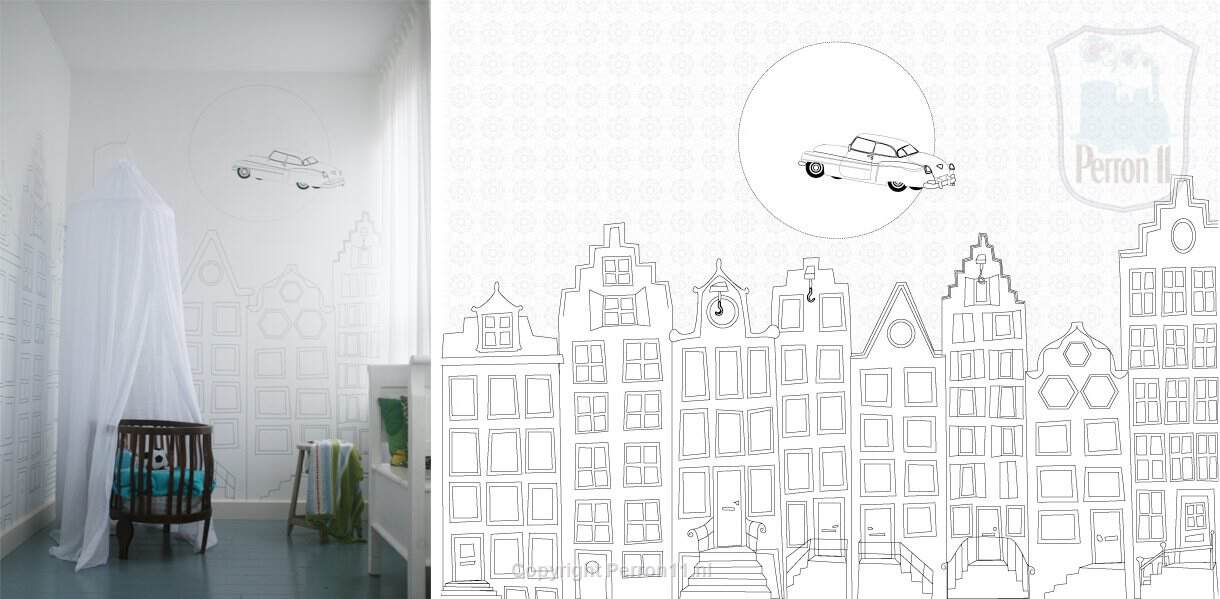 Behang babykamer grachtenpandjes voorbeeld