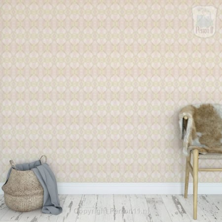 Behang, kinderbehang met hartjes patroon in pastel roze en geel.
