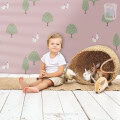 Behang, kinderbehang met konijnen en bomen, kinderkamer decor.