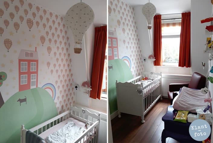 Kinderkamer met luchtballon behang Behang, kinderbehang met luchtballon en regenboog.