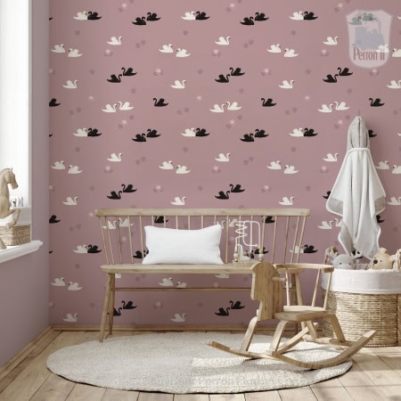 Behang met zwanen in zwart en wit, kinderbehang voor kinderkamer.