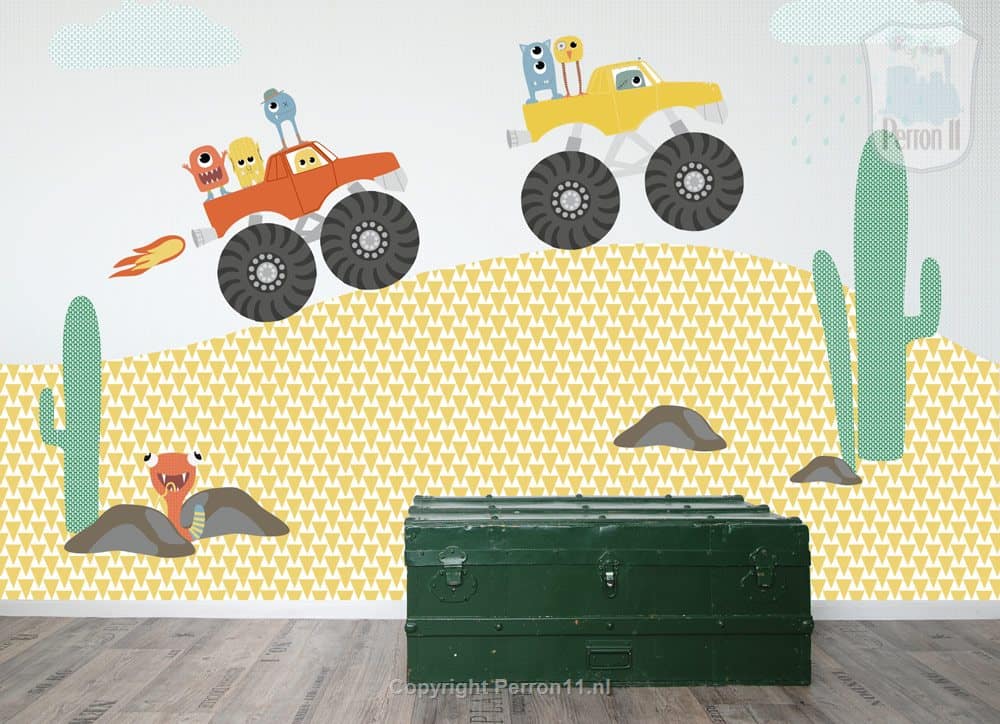 Behang met kinderauto's en cactussen, kinderbehang.