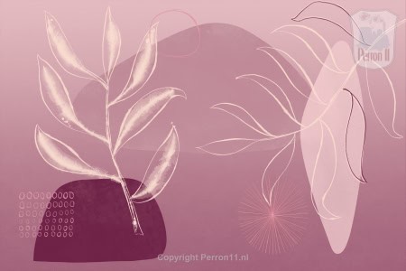 Behang, kinderbehang met abstracte botanische vormen in roze tinten.