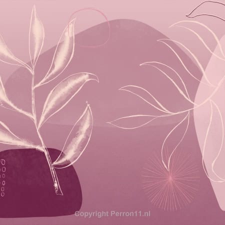 Behang, kinderbehang met abstracte botanische vormen in roze tinten.