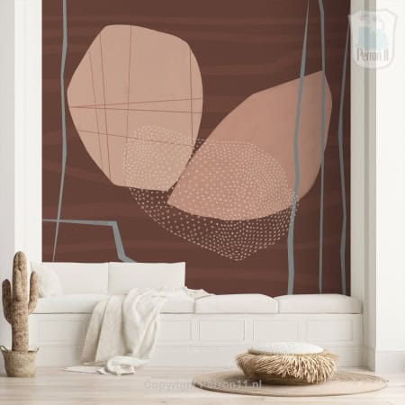 Behang, kinderbehang met abstracte vormen in aardetinten.