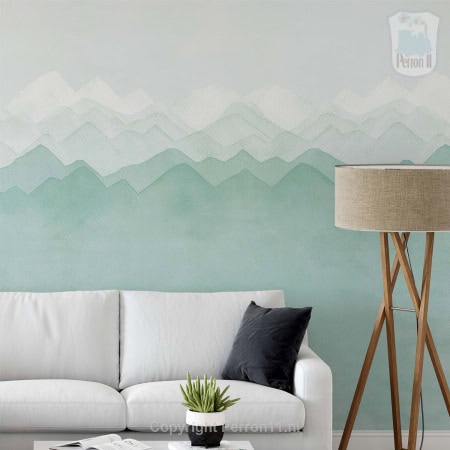 Behang met waterverf bergen, kinderbehang, rustieke uitstraling.